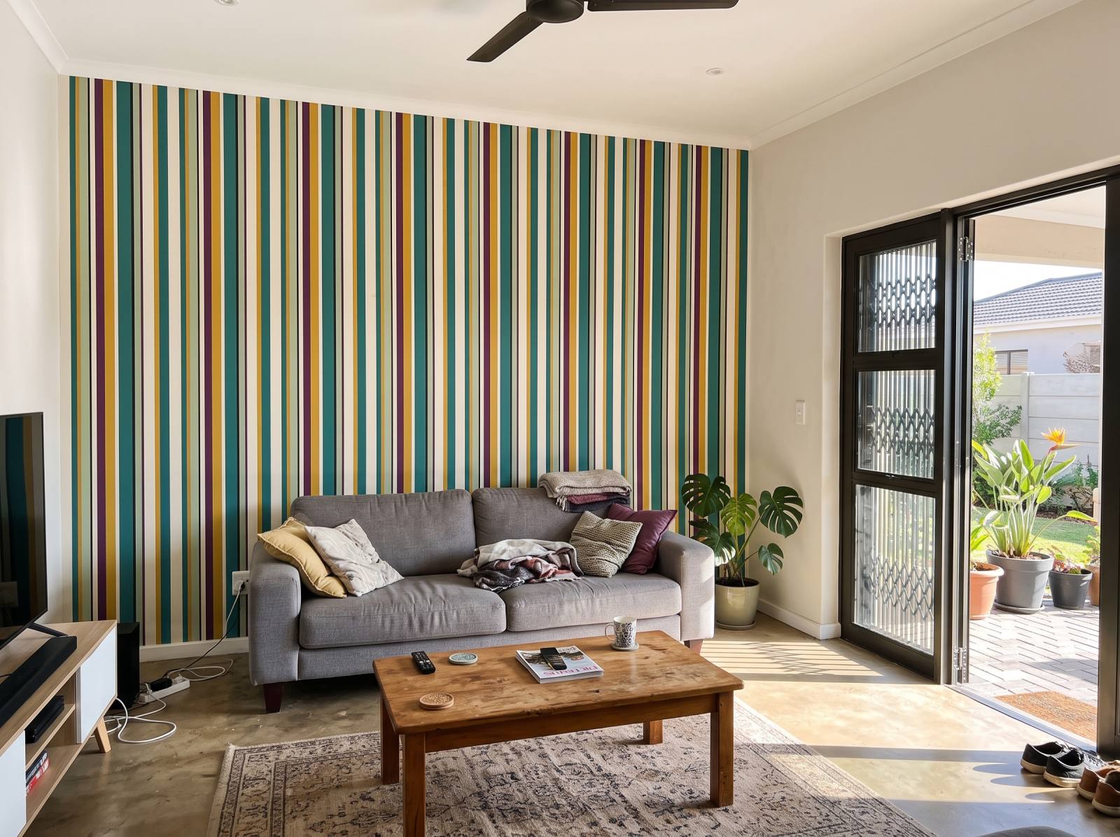 Uneven Stripe Botanical Triad 1 Wallpaper and Wall Murals South Africa Uneven Stripe Botanical Triad shown in a living room