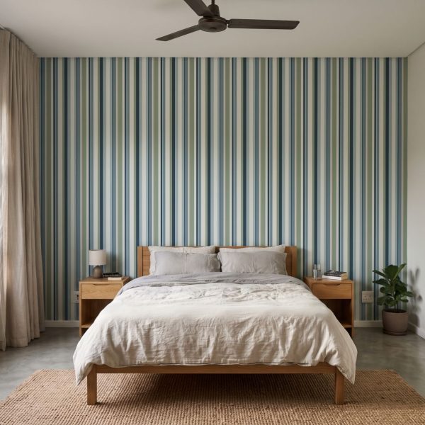 How to use the wallpaper room visualiser 7 Wallpaper and Wall Murals South Africa Uneven Stripe Coastal Fog shown in a bedroom