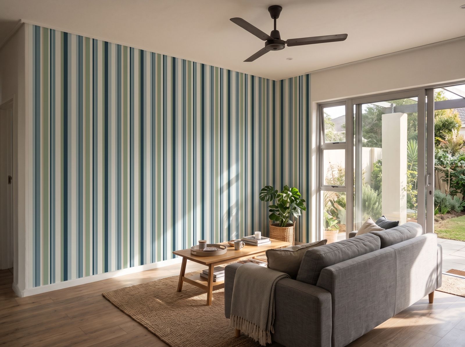 Uneven Stripe Coastal Fog 3 Wallpaper and Wall Murals South Africa Uneven Stripe Coastal Fog shown in a living room
