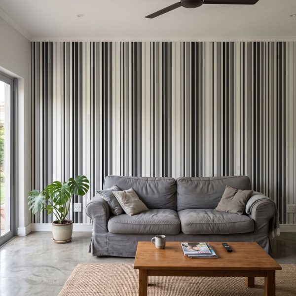 How to use the wallpaper room visualiser 9 Wallpaper and Wall Murals South Africa Uneven Stripe Graphite shown in a living room