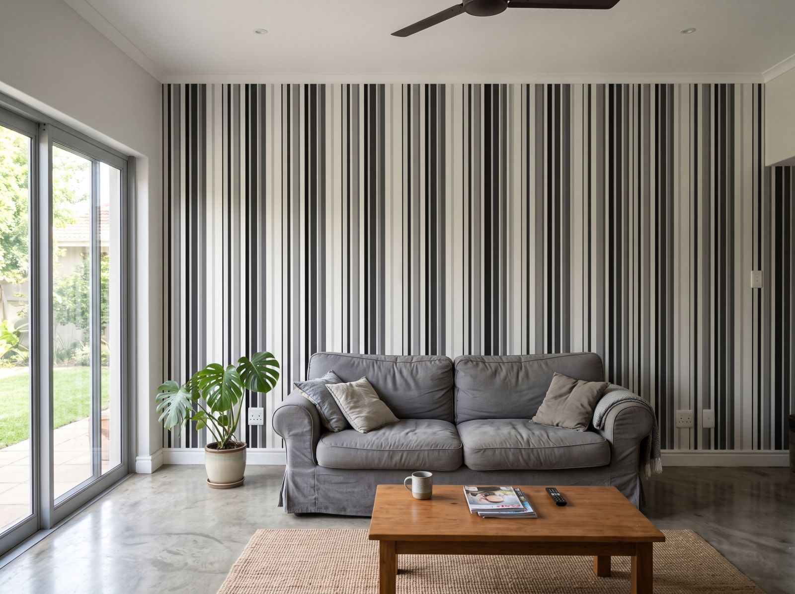 Uneven Stripe Graphite 1 Wallpaper and Wall Murals South Africa Uneven Stripe Graphite shown in a living room