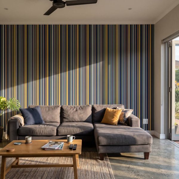How to use the wallpaper room visualiser 10 Wallpaper and Wall Murals South Africa Uneven Stripe Midnight Brass shown in a living room