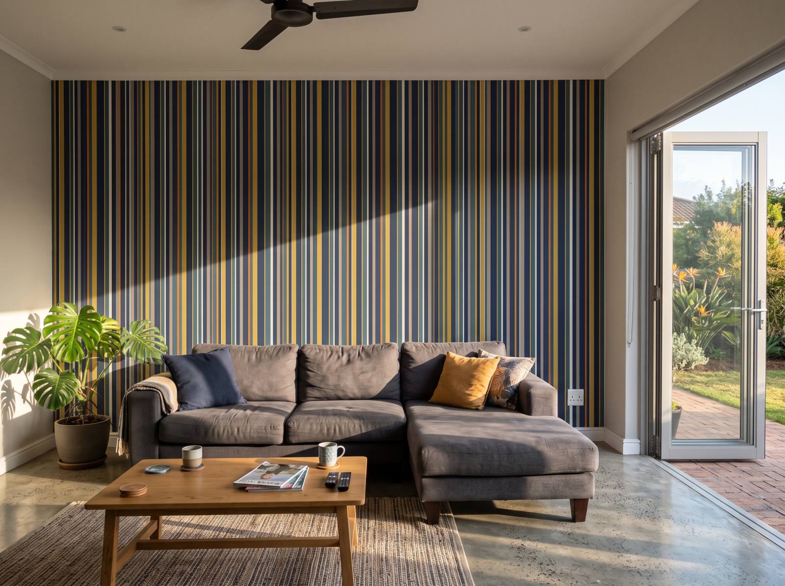 Uneven Stripe Midnight Brass 1 Wallpaper and Wall Murals South Africa Uneven Stripe Midnight Brass shown in a living room