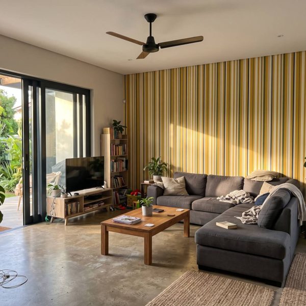 How to use the wallpaper room visualiser 11 Wallpaper and Wall Murals South Africa Uneven Stripe Mustard Grove shown in a living room