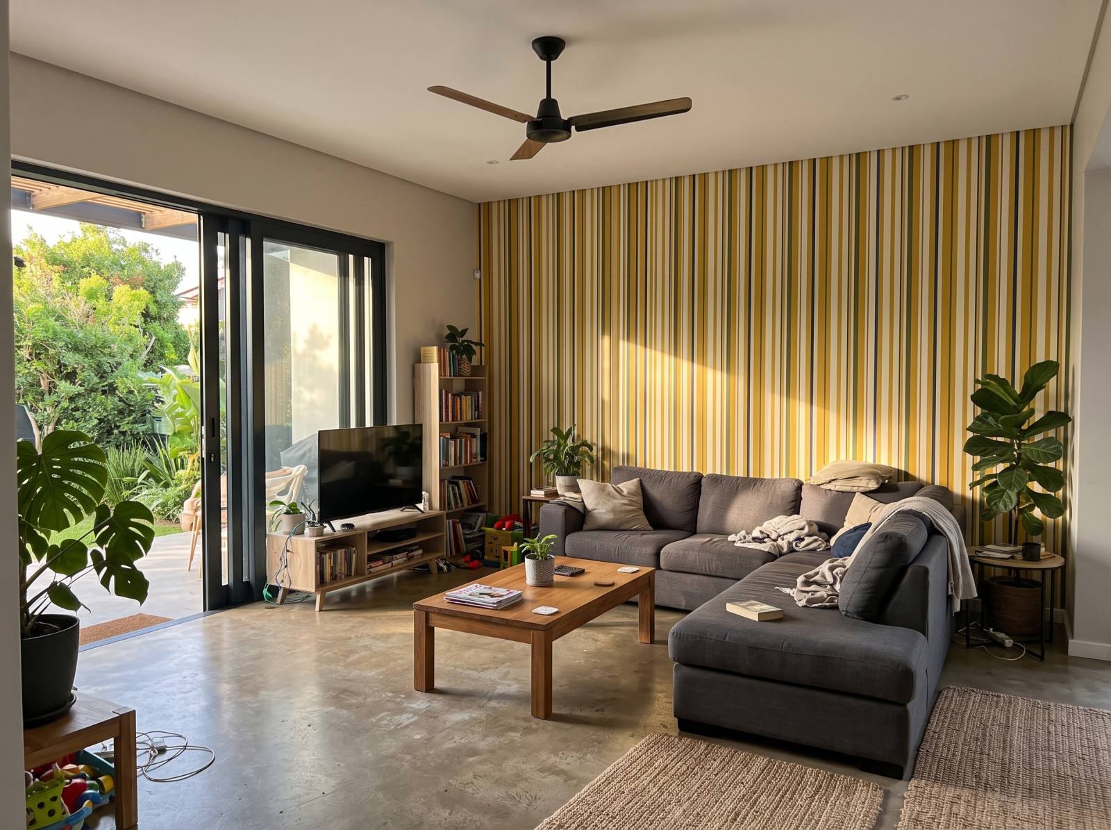 Uneven Stripe Mustard Grove 1 Wallpaper and Wall Murals South Africa Uneven Stripe Mustard Grove shown in a living room