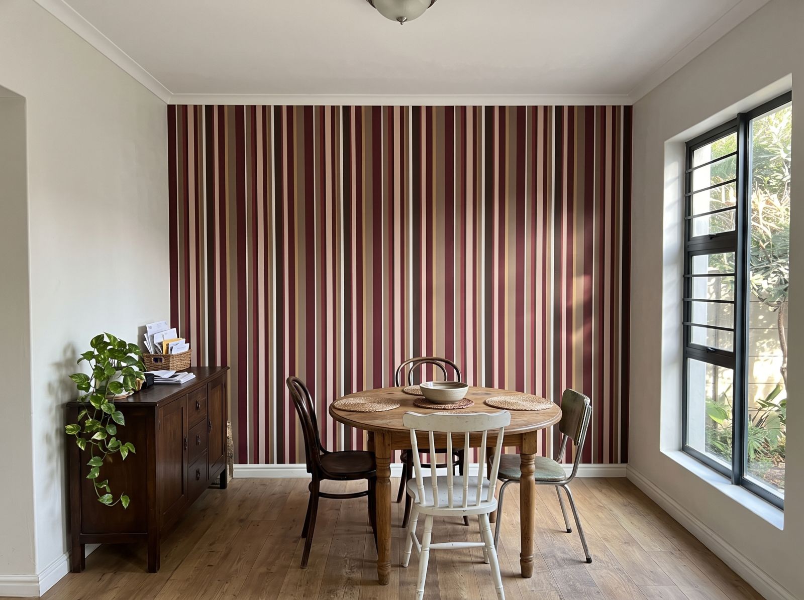 Uneven Stripe Oxblood Mocha 1 Wallpaper and Wall Murals South Africa Uneven Stripe Oxblood Mocha shown in a dining room