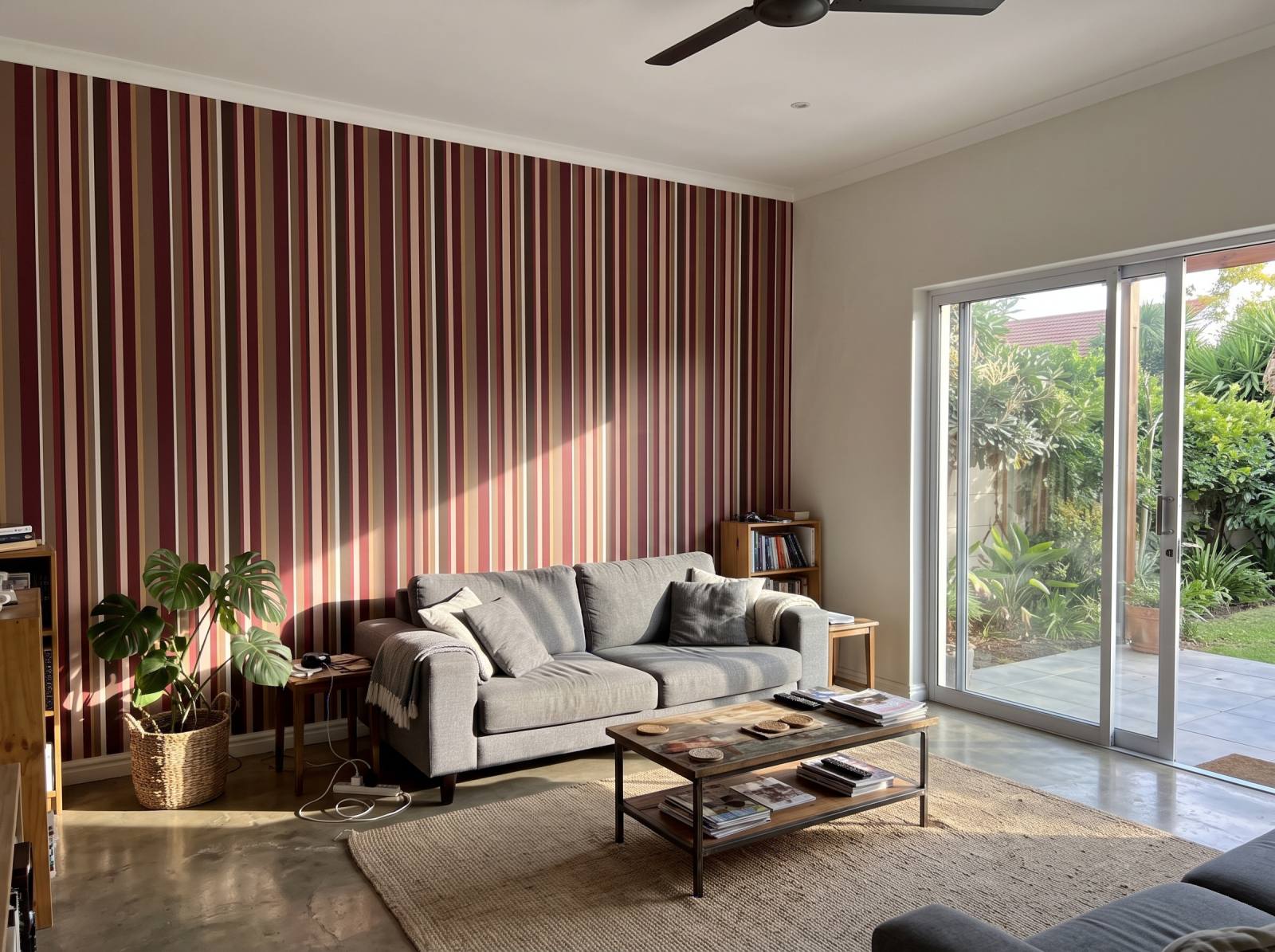 Uneven Stripe Oxblood Mocha 3 Wallpaper and Wall Murals South Africa Uneven Stripe Oxblood Mocha shown in a living room