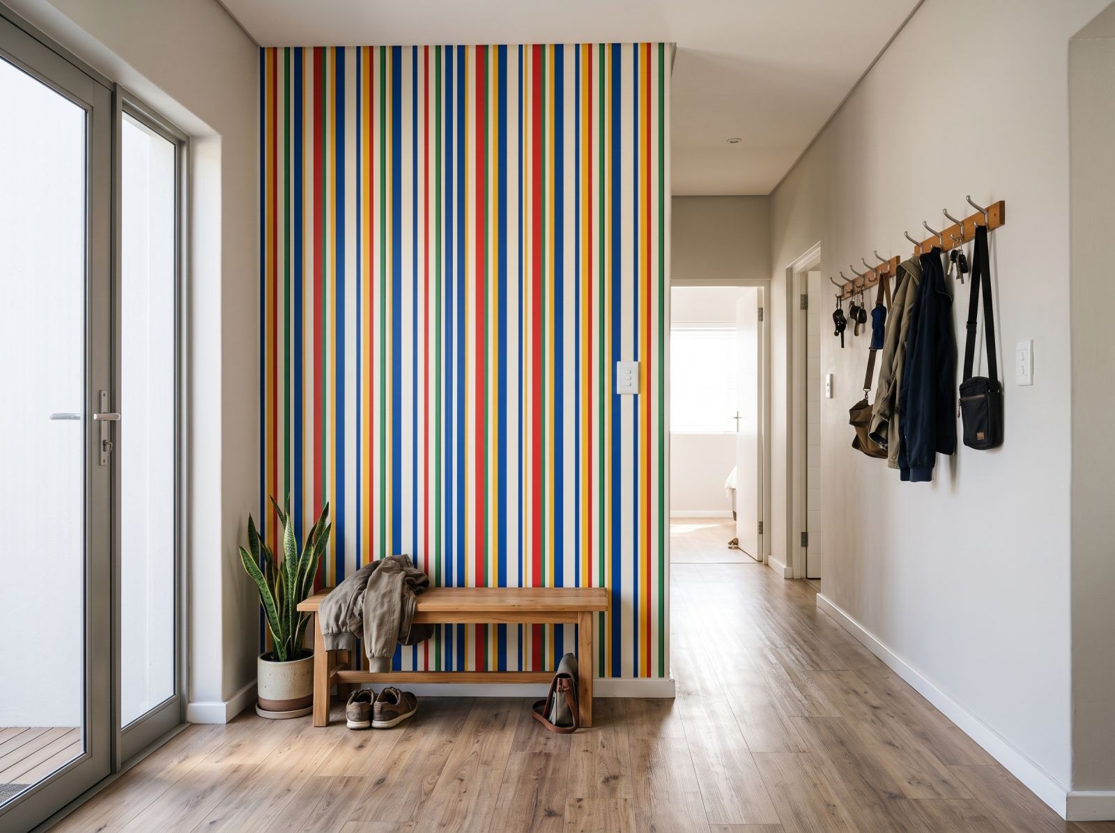 Uneven Stripe Primary Play 1 Wallpaper and Wall Murals South Africa Uneven Stripe Primary Play shown in a hallway