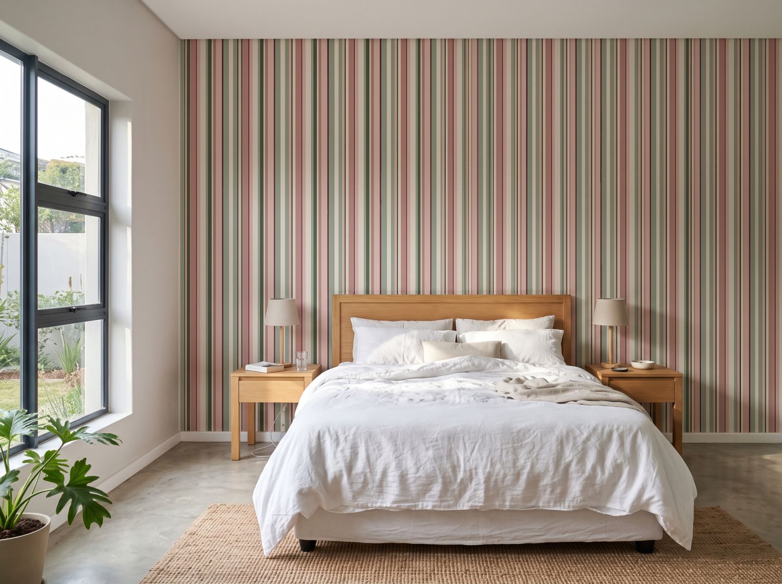 Uneven Stripe Sage and Blush 1 Wallpaper and Wall Murals South Africa Uneven Stripe Sage and Blush shown in a bedroom