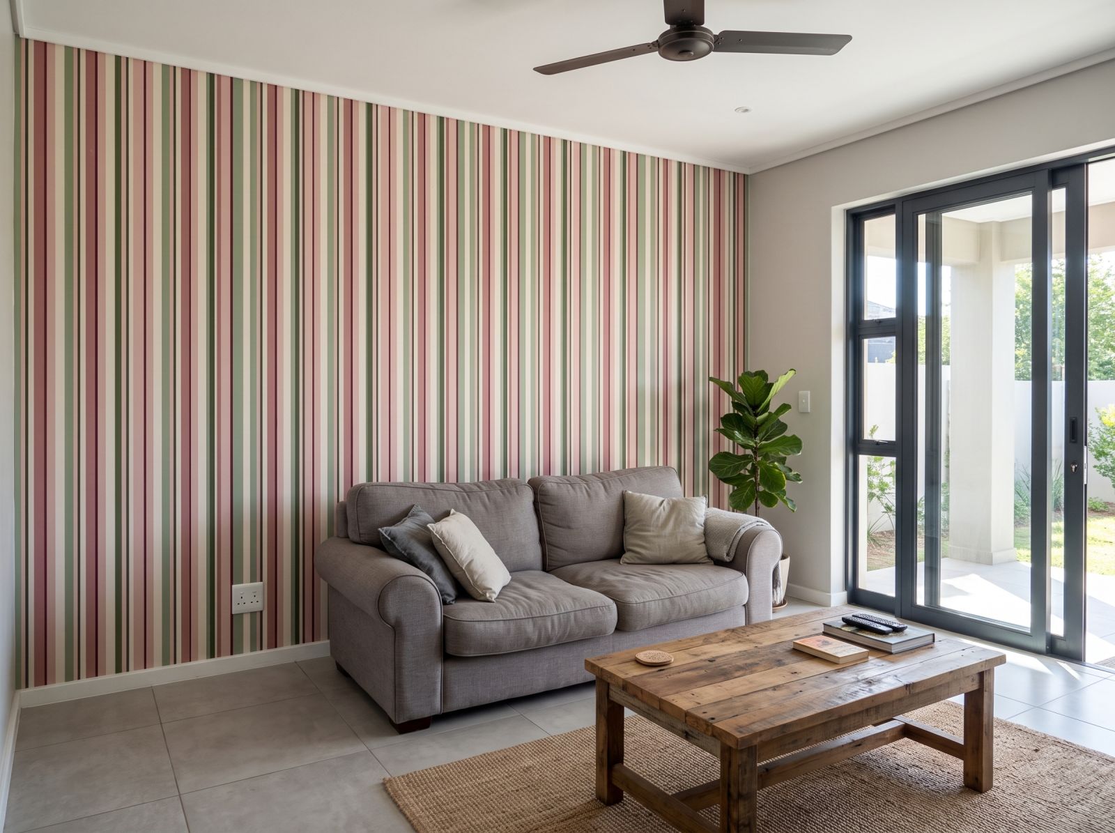 Uneven Stripe Sage and Blush 3 Wallpaper and Wall Murals South Africa Uneven Stripe Sage and Blush shown in a living room
