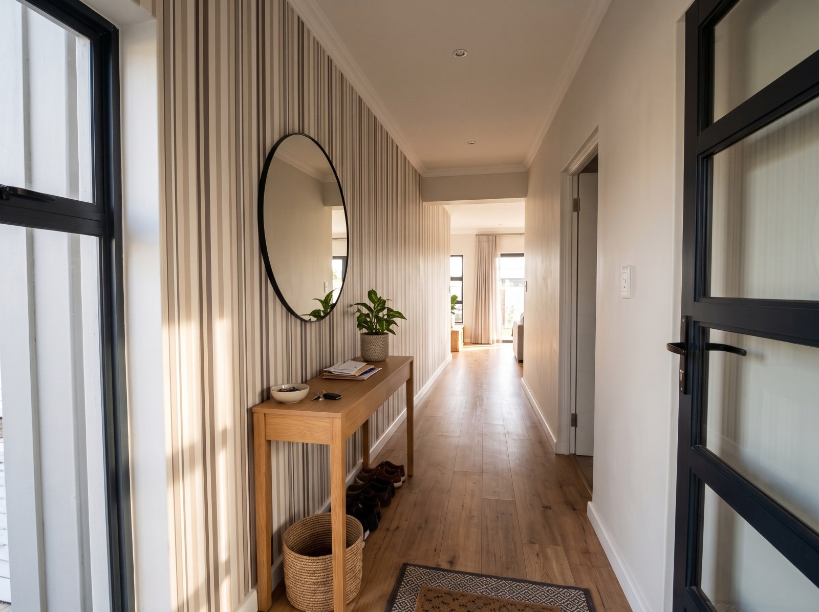 Uneven Stripe Stone Linen 1 Wallpaper and Wall Murals South Africa Uneven Stripe Stone Linen shown in a hallway