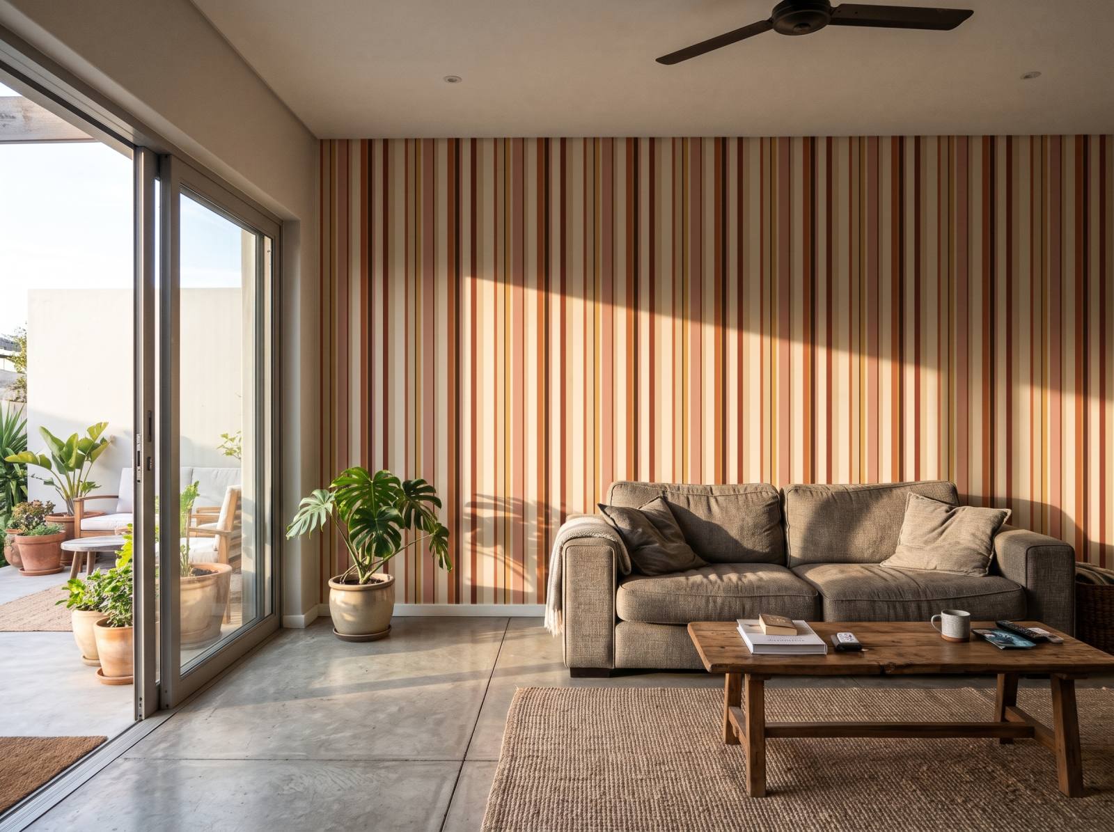 Uneven Stripe Terracotta Sun 1 Wallpaper and Wall Murals South Africa Uneven Stripe Terracotta Sun shown in a living room
