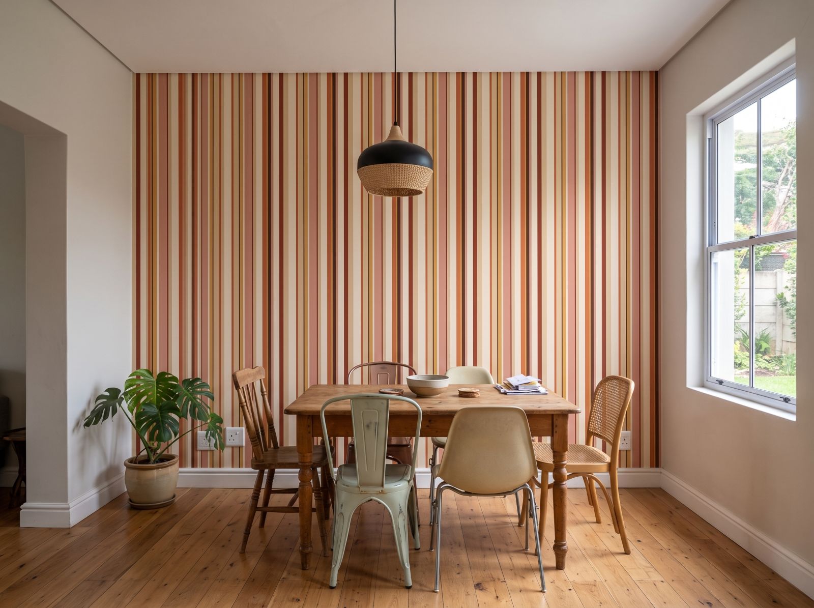 Uneven Stripe Terracotta Sun 3 Wallpaper and Wall Murals South Africa Uneven Stripe Terracotta Sun shown in a dining room