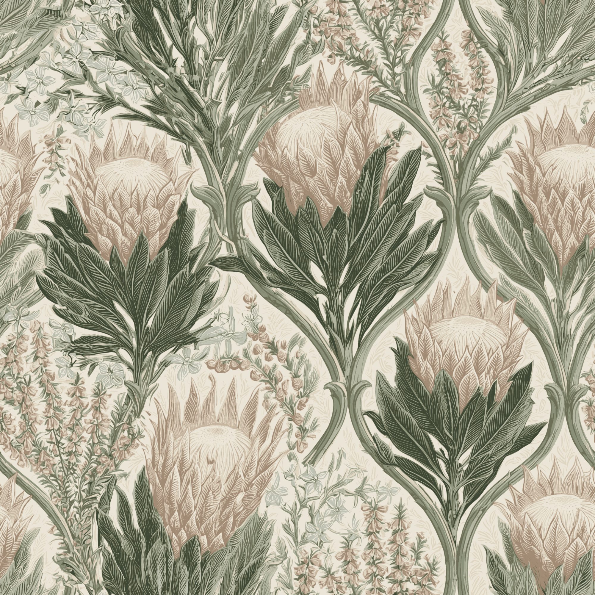 Veld Garden Parchment 1 Wallpaper and Wall Murals South Africa Veld Garden Parchment, protea and foliage in dusty pink and green wallpaper - WallpaperOnline