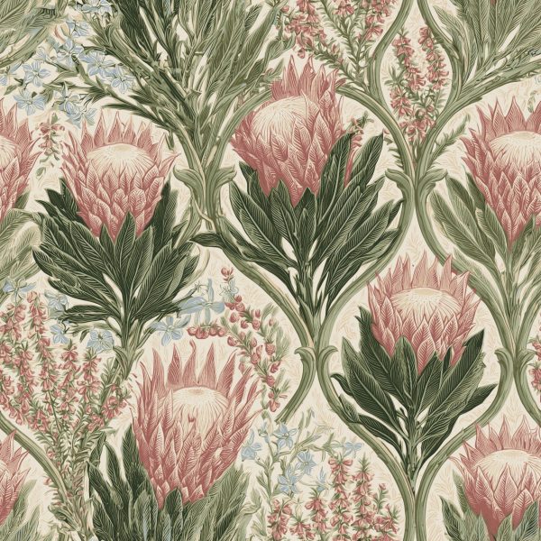 Veld Garden Fynbos, protea and fynbos foliage in dusty pink, dark green and cream wallpaper - WallpaperOnline