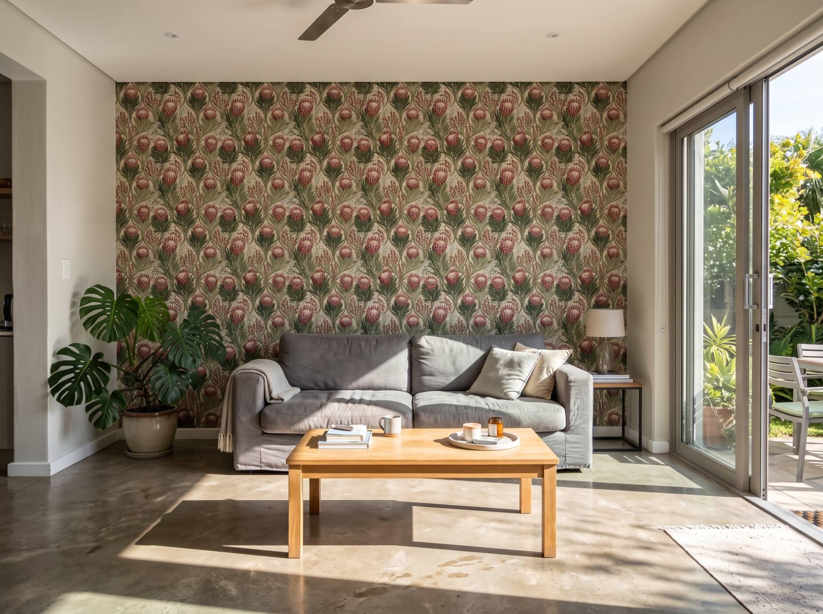 Veld Garden Oxblood 2 Wallpaper and Wall Murals South Africa Veld Garden Oxblood shown in a living room