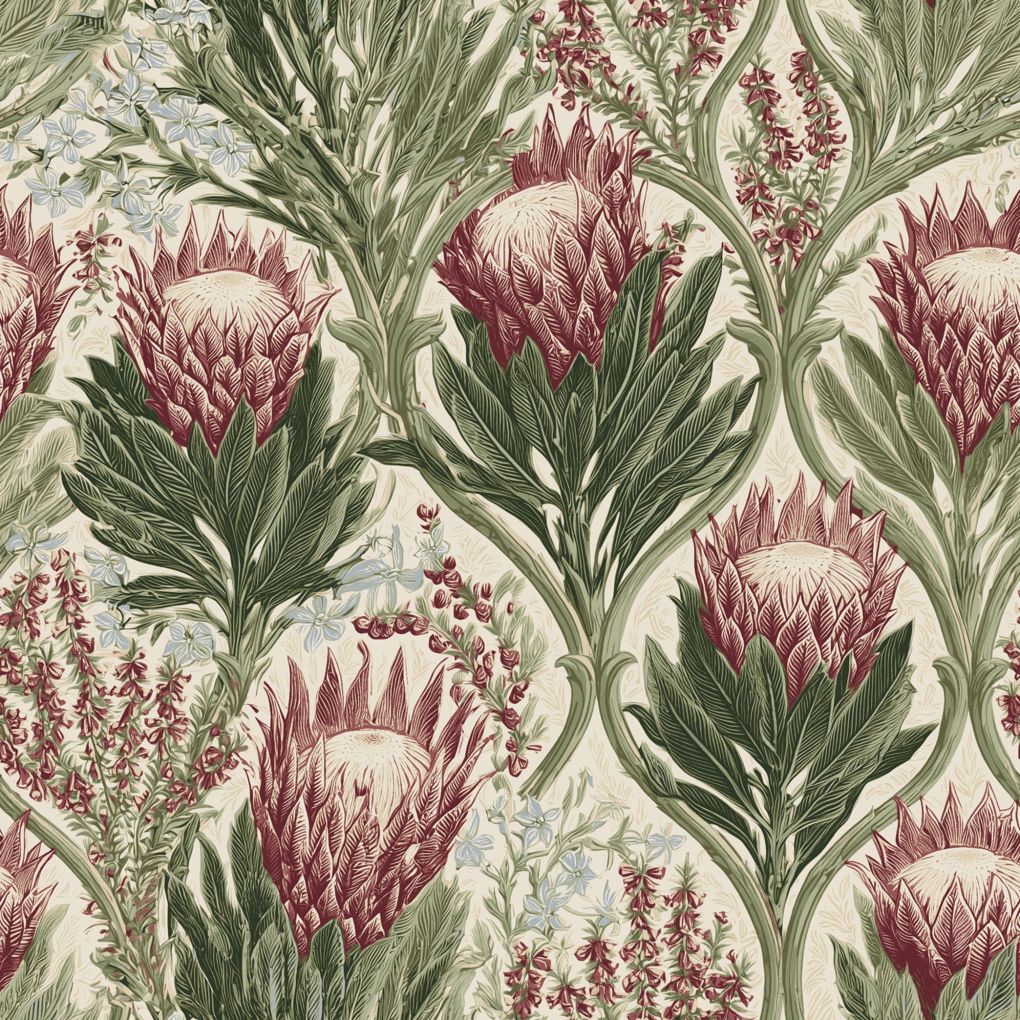 Veld Garden Oxblood 1 Wallpaper and Wall Murals South Africa Veld Garden Oxblood, protea flowers in oxblood red and green wallpaper - WallpaperOnline