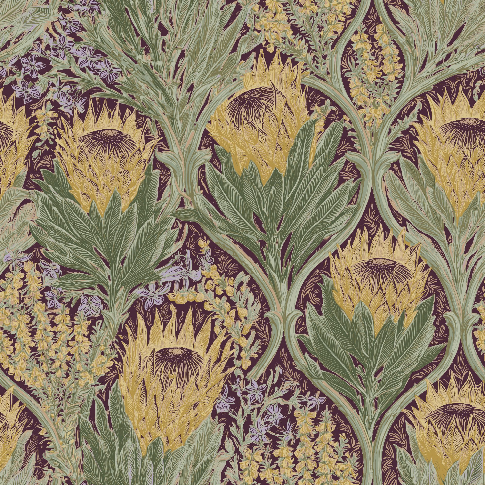 Veld Garden Dusk 1 Wallpaper and Wall Murals South Africa Veld Garden Dusk, protea and veld florals in plum, gold and sage wallpaper - WallpaperOnline