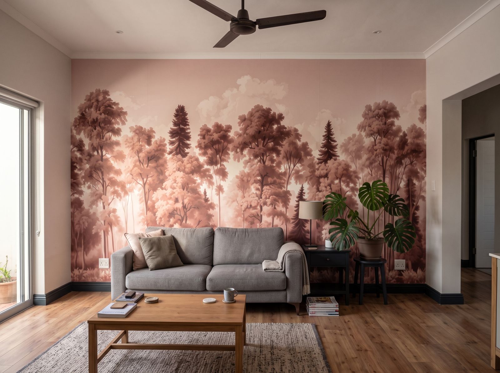 Vintage Forest Oxblood 3 Wallpaper and Wall Murals South Africa Vintage Forest Oxblood shown in a living room
