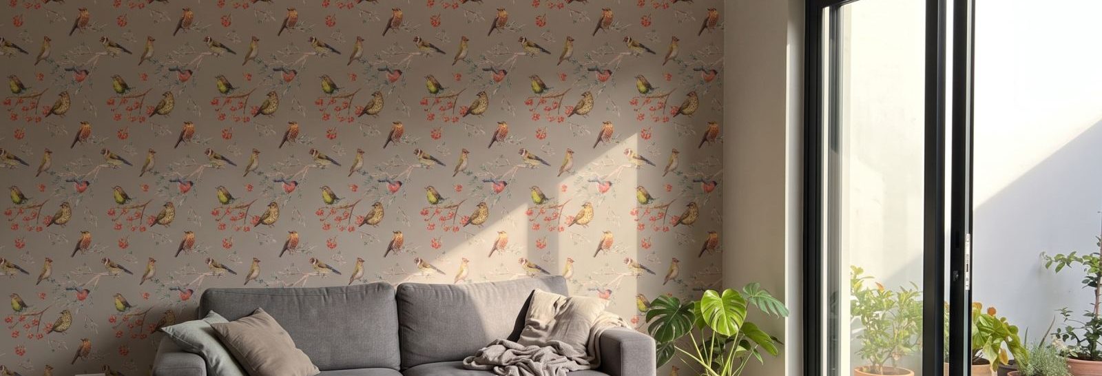 Feathered Friends Smoke Wallpaper on a feature wall
