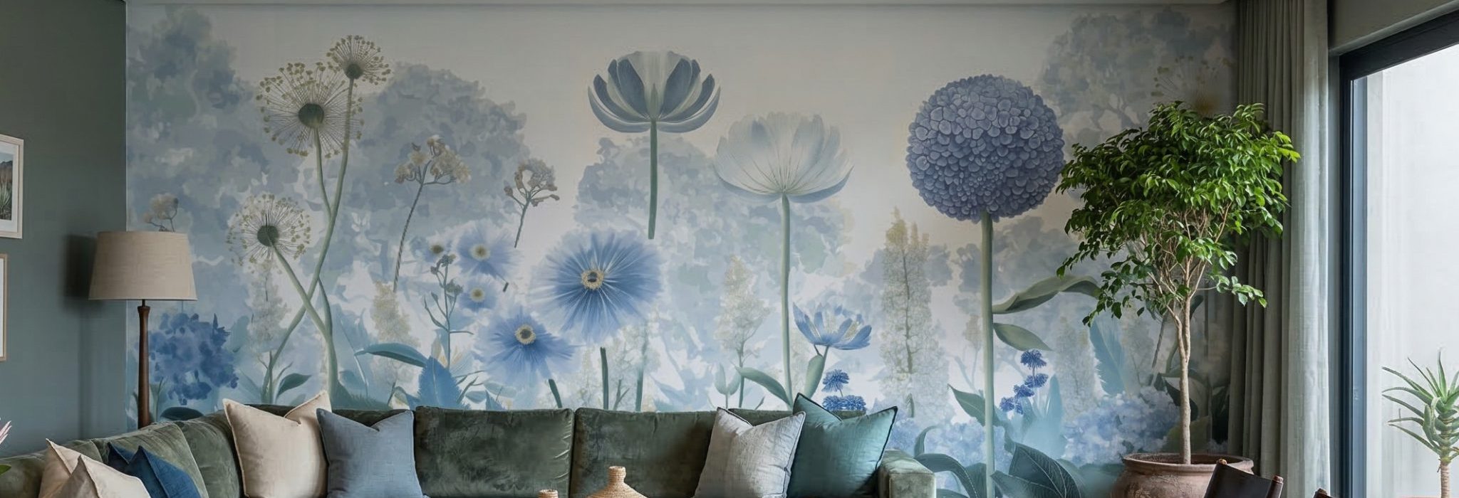 Ethereal Blue Meadow Mural on a feature wall