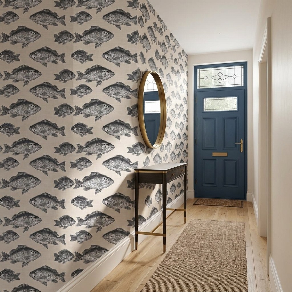 Charcoal Fish Shoal 2 Wallpaper and Wall Murals South Africa Charcoal Fish Shoal shown in a living room