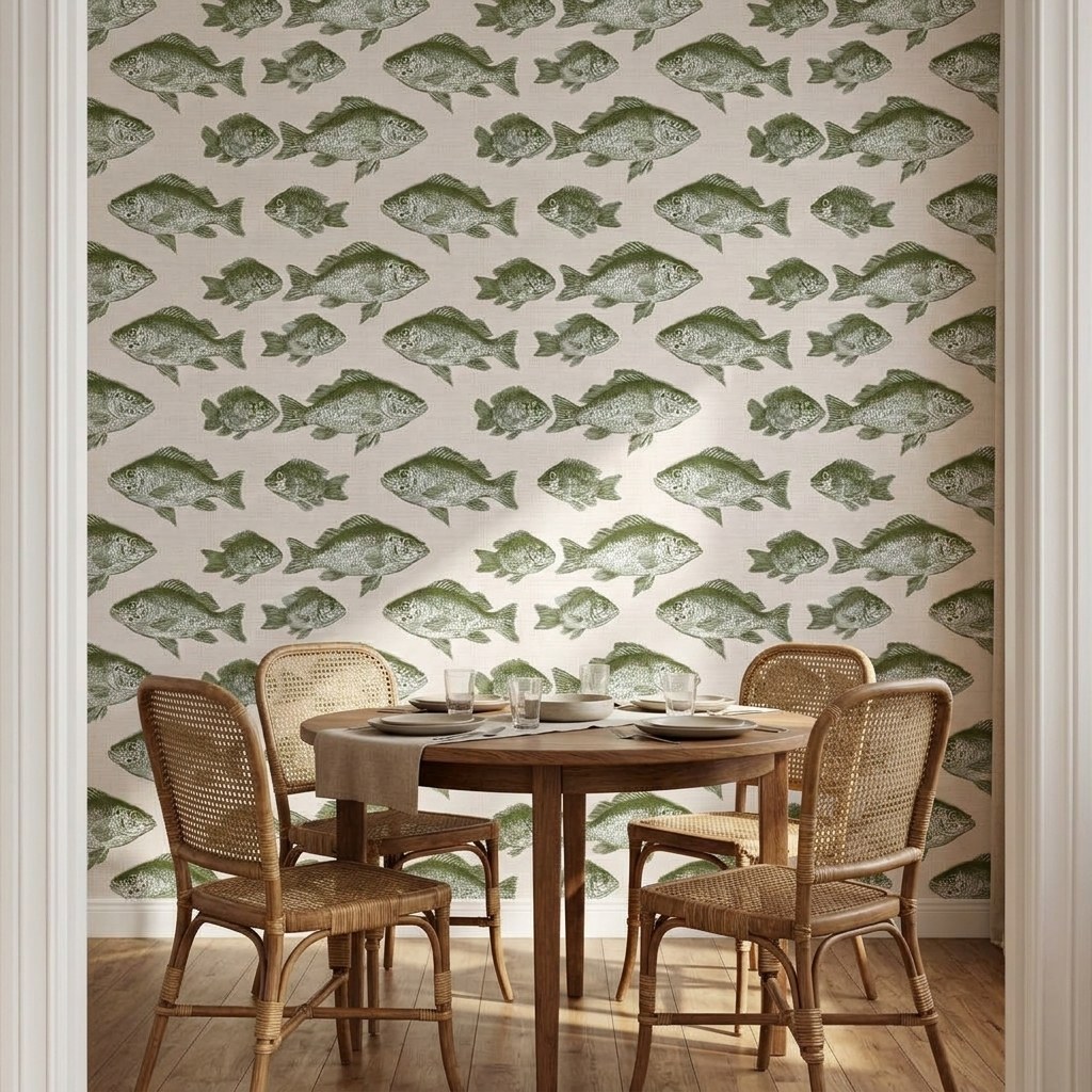 Olive Fish Shoal 1 Wallpaper and Wall Murals South Africa Olive Fish Shoal shown in a living room