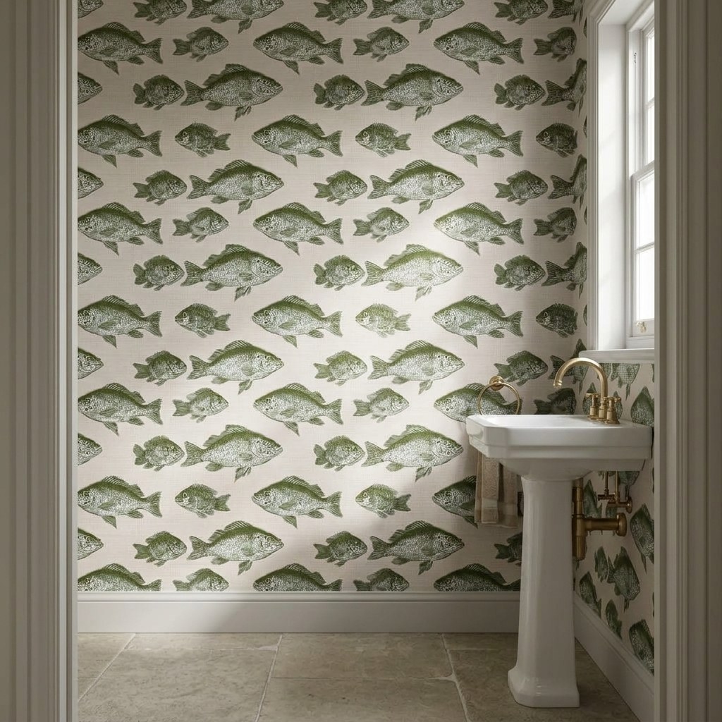 Olive Fish Shoal 2 Wallpaper and Wall Murals South Africa Olive Fish Shoal shown in a bedroom