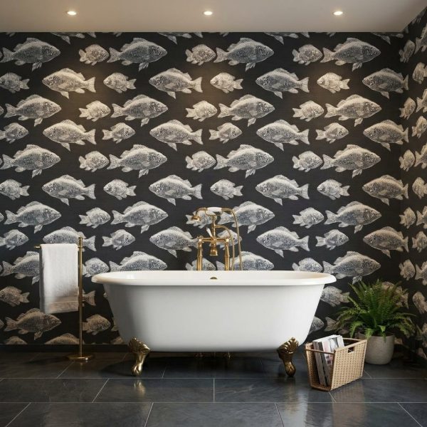 Monochrome Fish Shoal shown in a bedroom