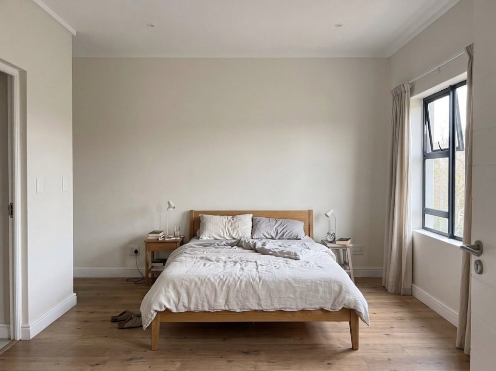 A bedroom with a plain painted wall behind the bed