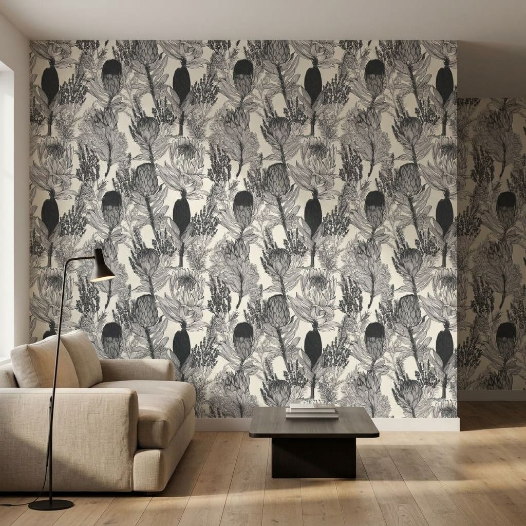 Protea Botanical Sketch 2 Wallpaper and Wall Murals South Africa Protea Botanical Sketch shown in a living room
