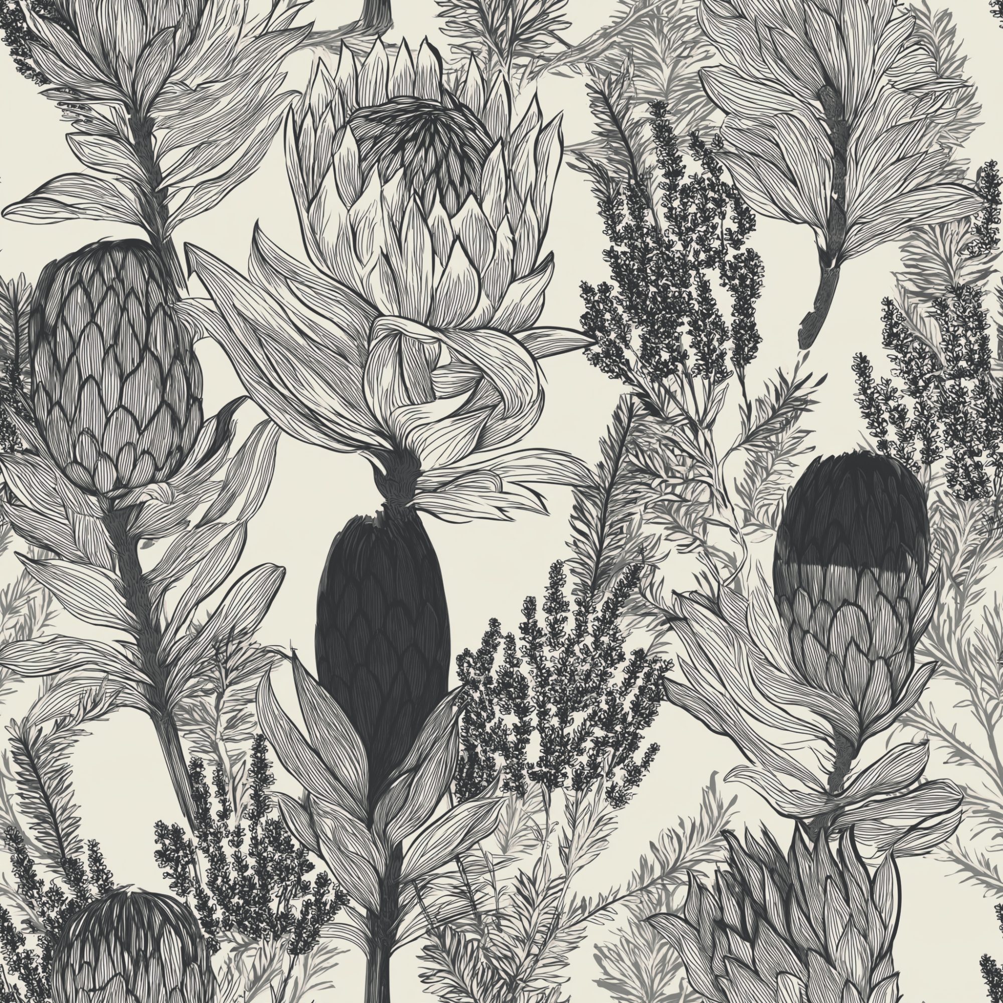Protea Botanical Sketch 4 Wallpaper and Wall Murals South Africa Protea Botanical Sketch, fynbos flowers and foliage in charcoal and cream wallpaper - WallpaperOnline