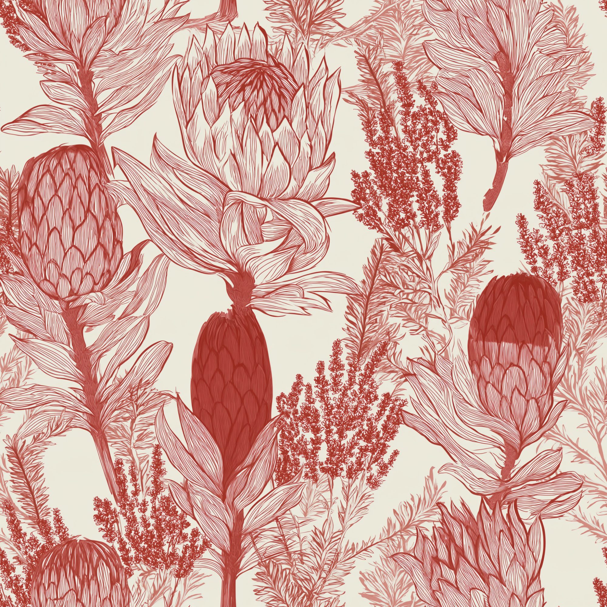 Rooibos Protea 4 Wallpaper and Wall Murals South Africa Rooibos Protea, protea and fynbos in rust red and cream wallpaper - WallpaperOnline