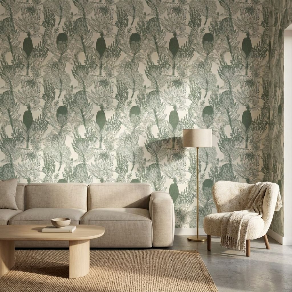 Protea Fynbos Sketch 2 Wallpaper and Wall Murals South Africa Protea Fynbos Sketch shown in a living room
