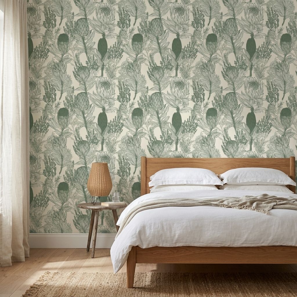 Protea Fynbos Sketch 1 Wallpaper and Wall Murals South Africa Protea Fynbos Sketch shown in a bedroom