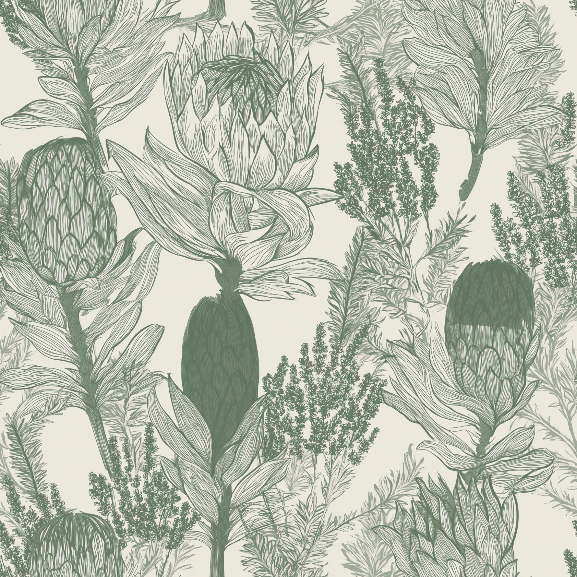 Protea Fynbos Sketch 4 Wallpaper and Wall Murals South Africa Protea Fynbos Sketch, protea and fynbos foliage in sage green and cream wallpaper - WallpaperOnline